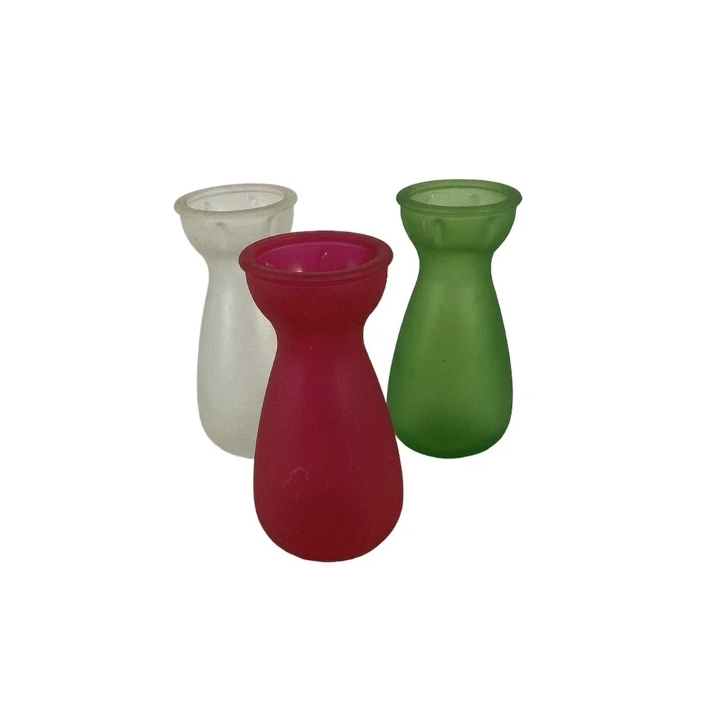 3 Bud Vases Red Pink, Frosted White Brilliant Green 4” Tall Cottagecore